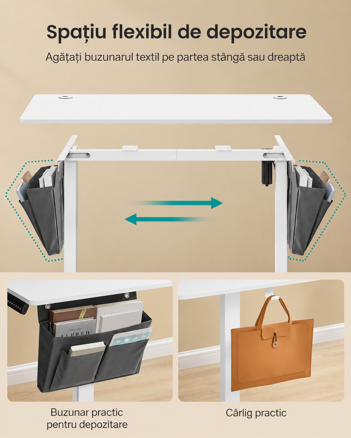 SONGMICS Birou electric reglabil pe inaltime, 120x60x(72-120) cm, memorie 4 pozitii, USB-C, cadru metalic, alb - imagine 7