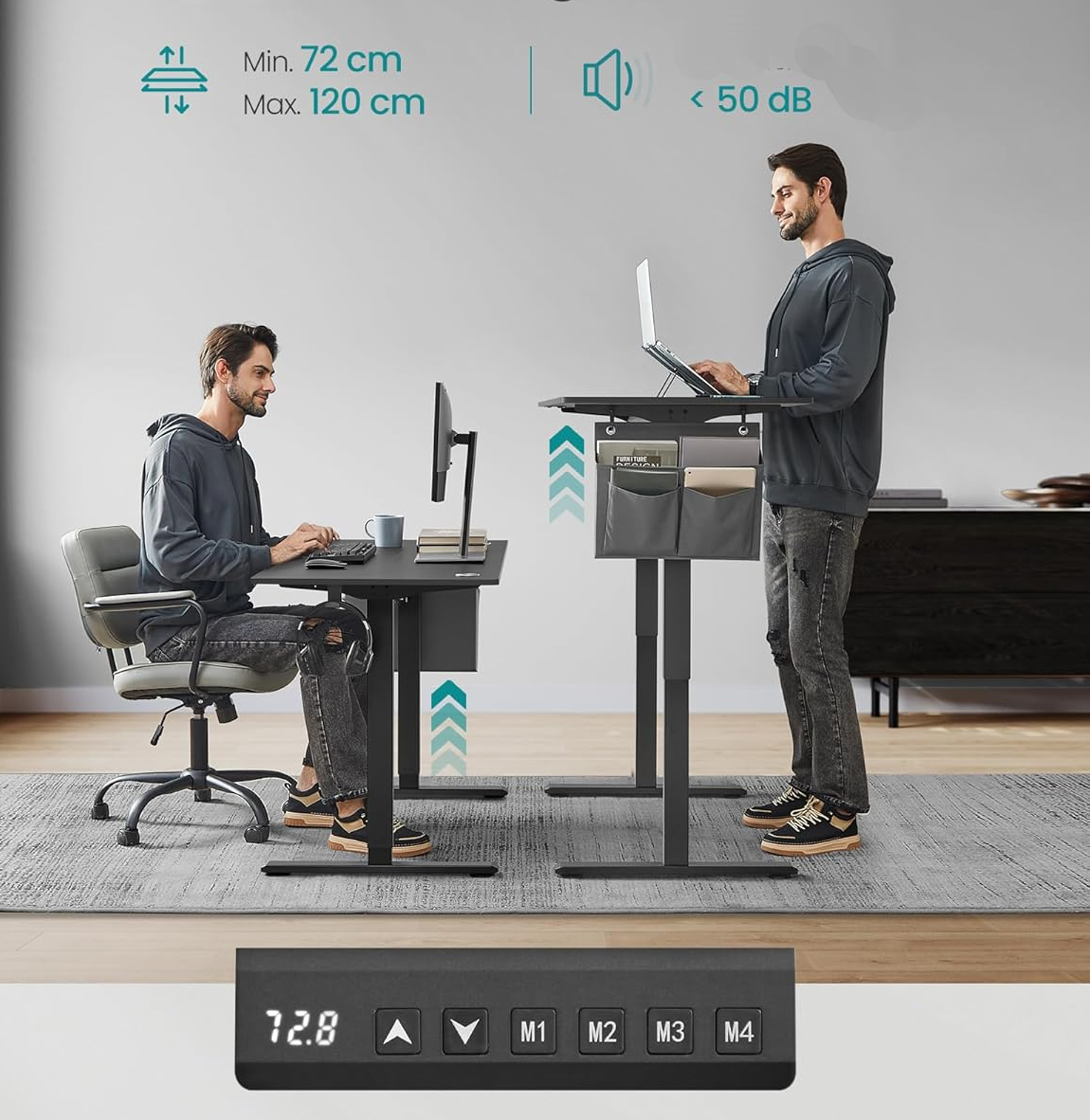 SONGMICS Birou reglabil electric, inaltime ajustabila 72-120 cm, cadru otel, blat PAL 140x60 cm, functie memorie 4 pozitii, negru - imagine 4