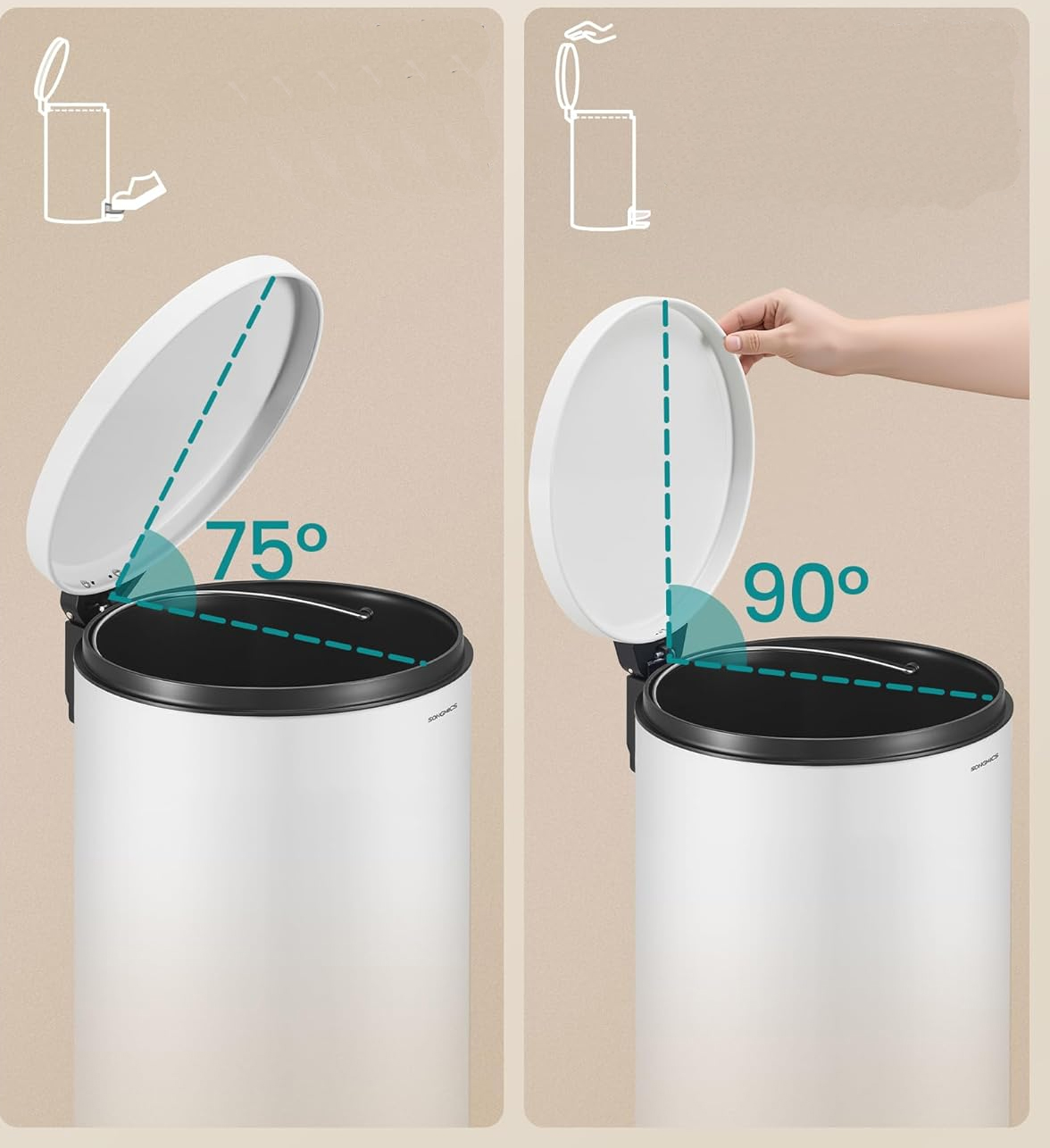 SONGMICS Cos de gunoi cu pedala 20L, capac soft close, galeata interioara detasabila, otel si plastic, 30x37x44 cm, alb - imagine 4
