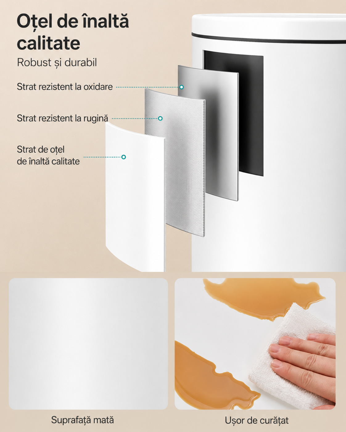 SONGMICS Cos de gunoi cu pedala, capac soft-close, galeata detasabila, otel, 30L, saci menajeri inclusi, alb - imagine 4