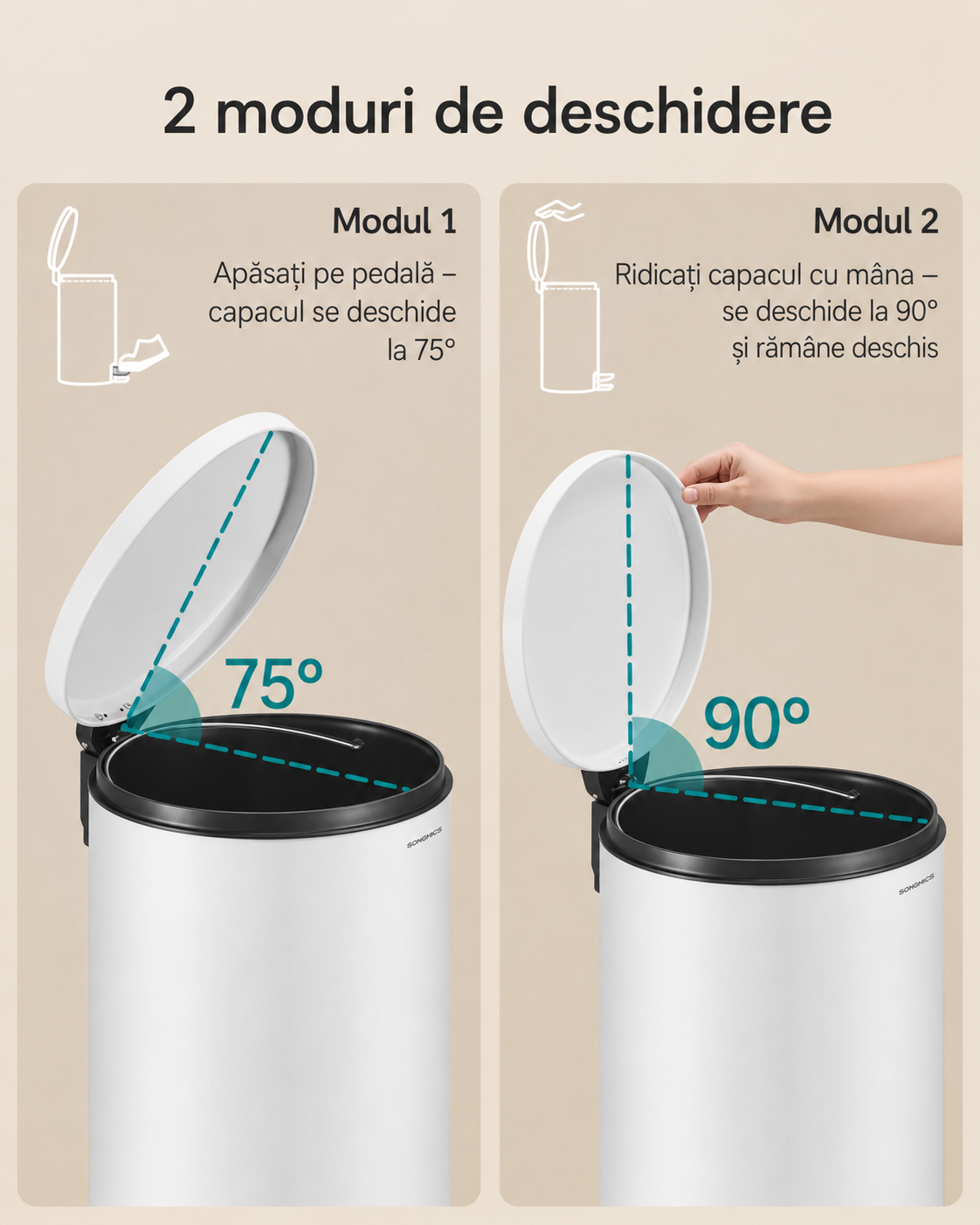 SONGMICS Cos de gunoi cu pedala, capac soft-close, galeata detasabila, otel, 30L, saci menajeri inclusi, alb - imagine 6