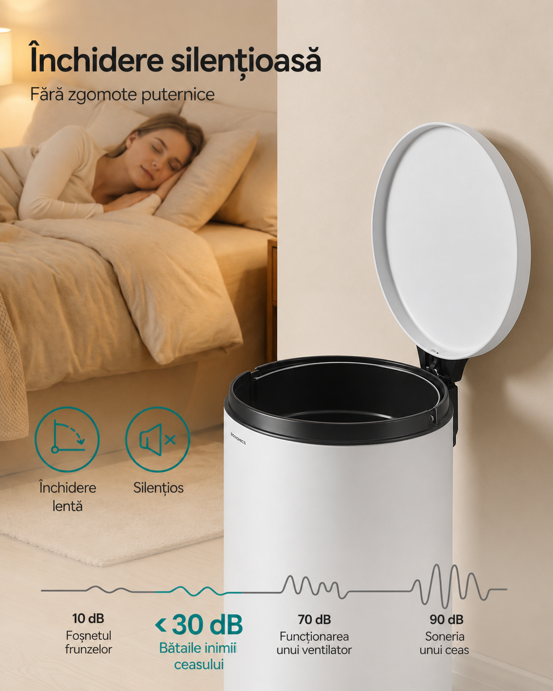 SONGMICS Cos de gunoi cu pedala, capac soft-close, galeata detasabila, otel, 30L, saci menajeri inclusi, alb - imagine 7
