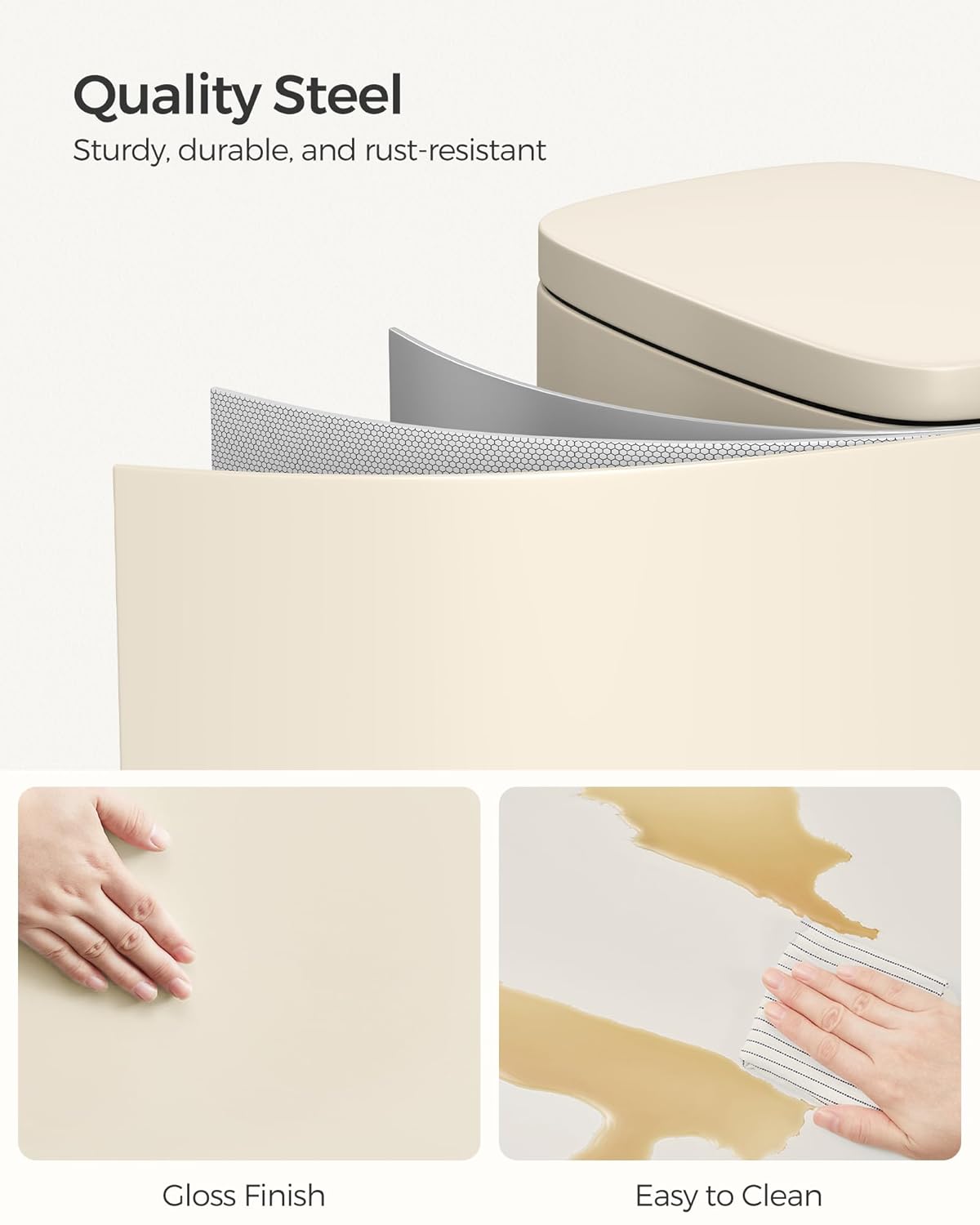 SONGMICS Cos de gunoi din otel cu pedala, galeata interioara plastic, capac inchidere lenta, 30L, 35x30x63cm, bej - imagine 2