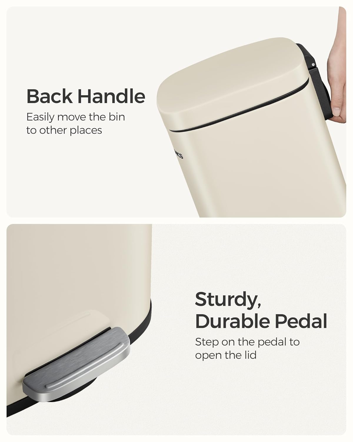 SONGMICS Cos de gunoi din otel cu pedala, galeata interioara plastic, capac inchidere lenta, 30L, 35x30x63cm, bej - imagine 4
