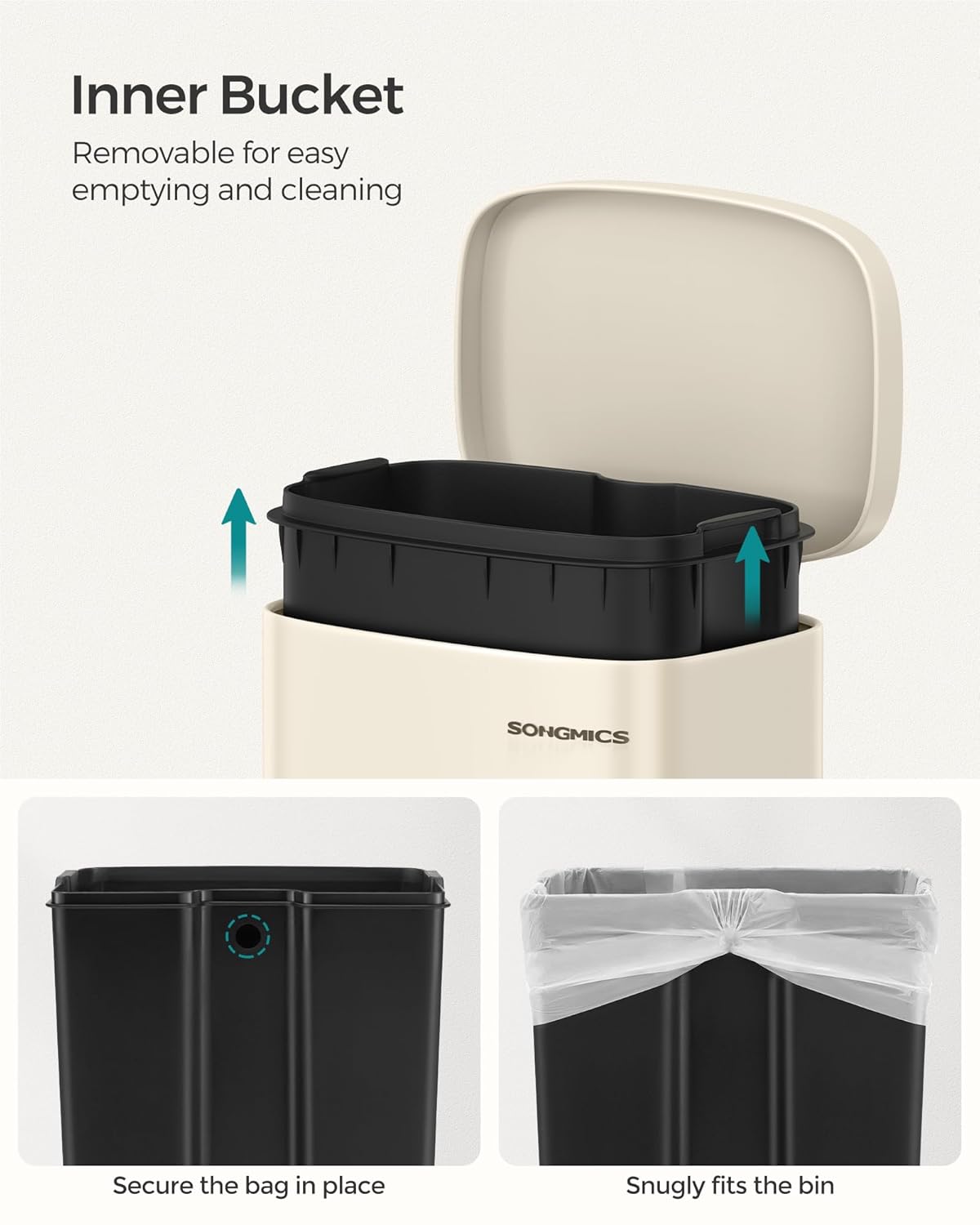 SONGMICS Cos de gunoi din otel cu pedala, galeata interioara plastic, capac inchidere lenta, 30L, 35x30x63cm, bej - imagine 5