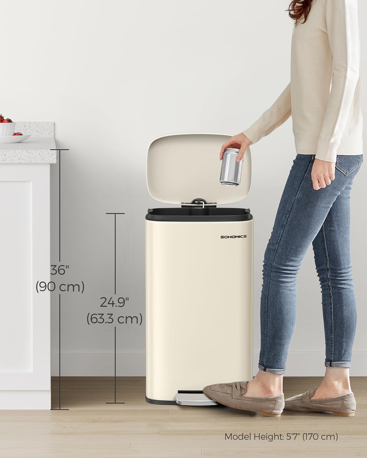 SONGMICS Cos de gunoi din otel cu pedala, galeata interioara plastic, capac inchidere lenta, 30L, 35x30x63cm, bej - imagine 7