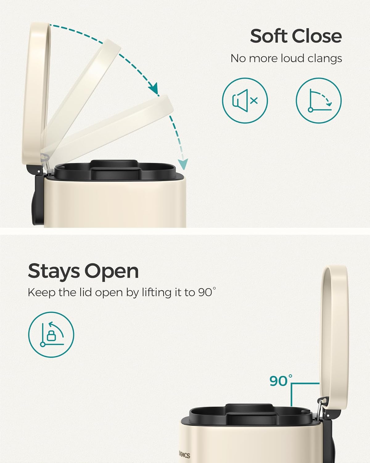 SONGMICS Cos de gunoi din otel cu pedala, galeata interioara plastic, capac inchidere lenta, 30L, 35x30x63cm, bej - imagine 8