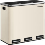 SONGMICS Cos de gunoi colectare selectiva cu 3 compartimente 3 x 18L, capace soft close, pedale, otel, 61x32x56 cm, bej