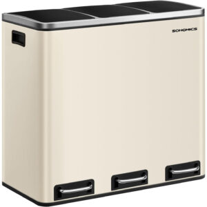 SONGMICS Cos de gunoi colectare selectiva cu 3 compartimente 3 x 18L, capace soft close, pedale, otel, 61x32x56 cm, bej