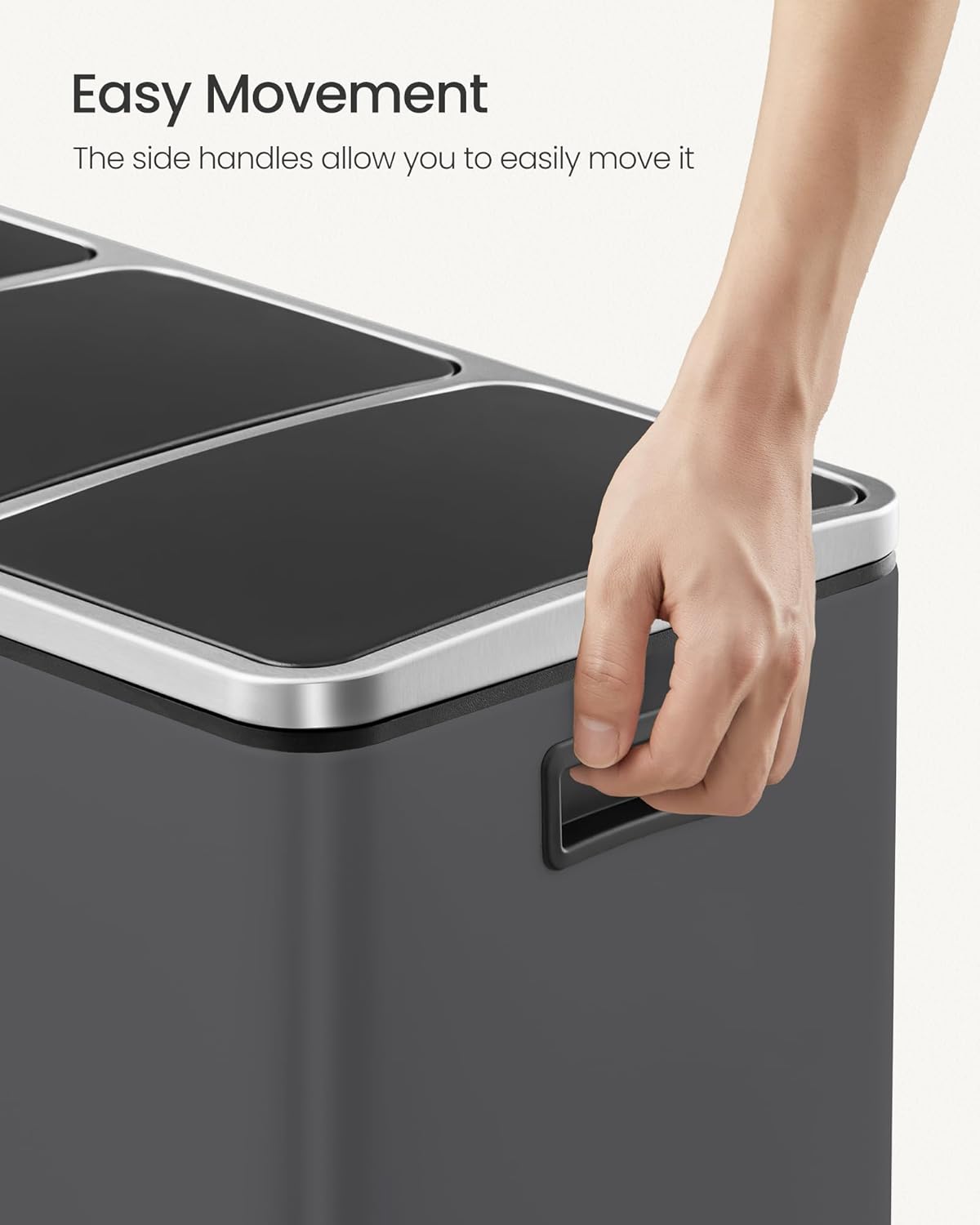 SONGMICS Cos de gunoi colectare selectiva cu 3 compartimente 3 x 18L, capace soft close, pedale, otel, 61x32x56 cm, gri mat - imagine 3