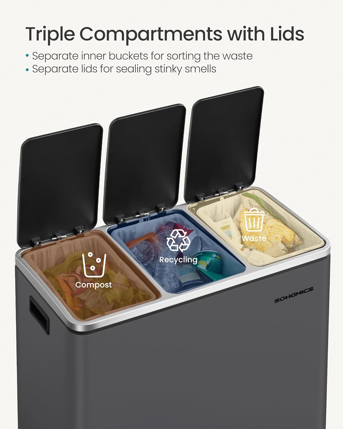 SONGMICS Cos de gunoi colectare selectiva cu 3 compartimente 3 x 18L, capace soft close, pedale, otel, 61x32x56 cm, gri mat - imagine 4