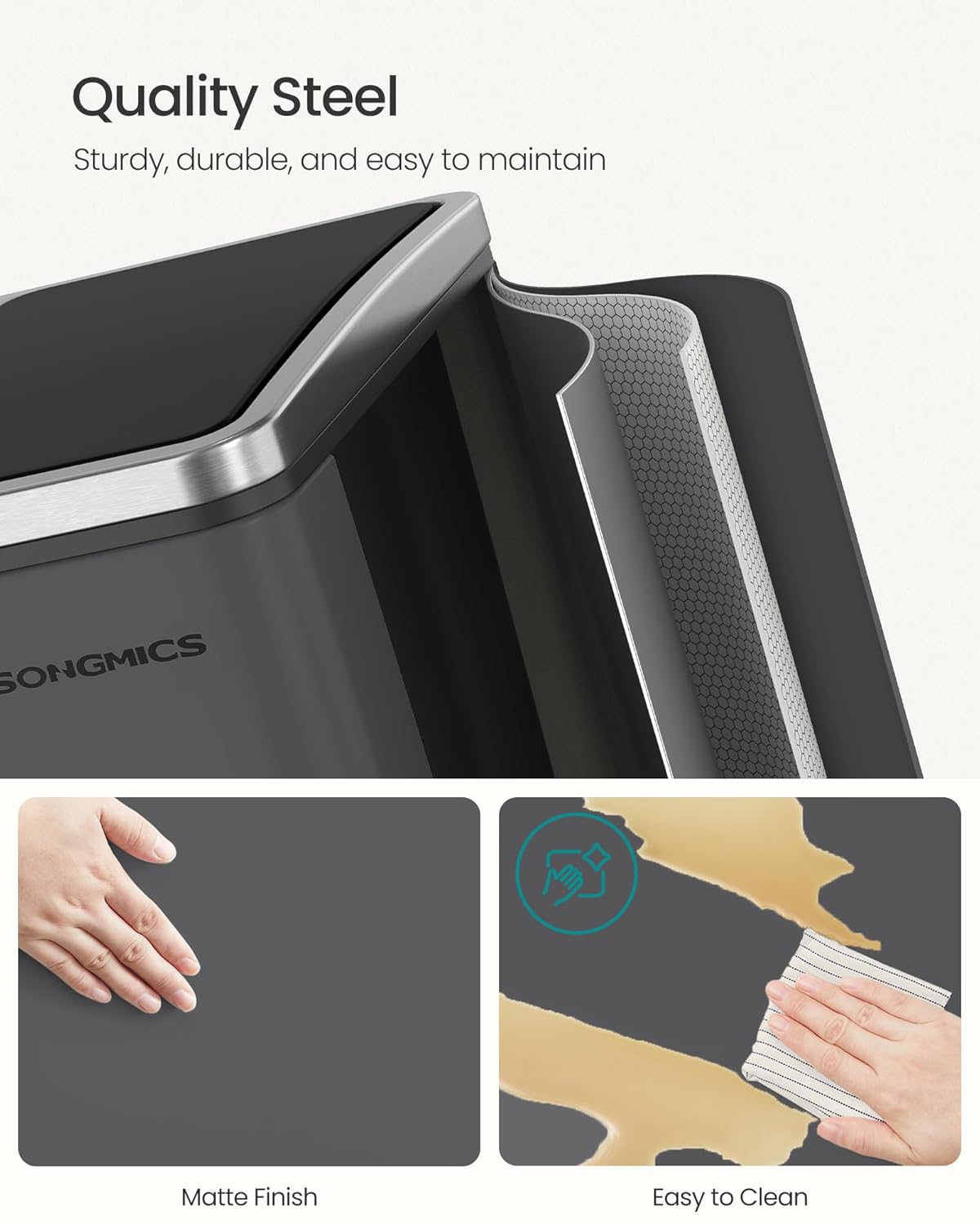 SONGMICS Cos de gunoi colectare selectiva cu 3 compartimente 3 x 18L, capace soft close, pedale, otel, 61x32x56 cm, gri mat - imagine 5