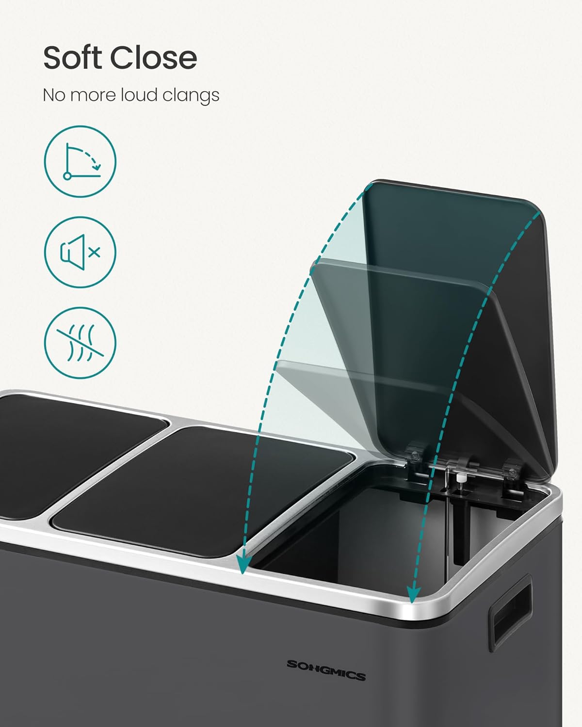 SONGMICS Cos de gunoi colectare selectiva cu 3 compartimente 3 x 18L, capace soft close, pedale, otel, 61x32x56 cm, gri mat - imagine 6