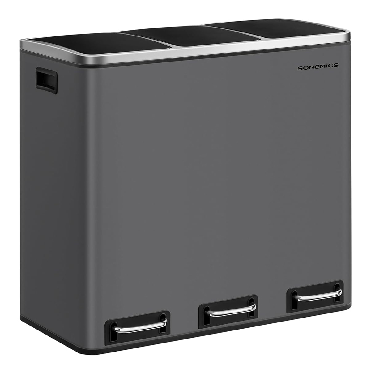 SONGMICS Cos de gunoi colectare selectiva cu 3 compartimente 3 x 18L, capace soft close, pedale, otel, 61x32x56 cm, gri mat