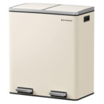 SONGMICS Cos de gunoi dublu colectare selectiva, 2x30L, cu pedale si capac soft close, galeata interioara, otel, 62x59x36 cm, crem