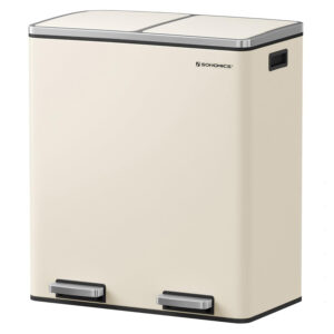 SONGMICS Cos de gunoi dublu colectare selectiva, 2x30L, cu pedale si capac soft close, galeata interioara, otel, 62x59x36 cm, crem