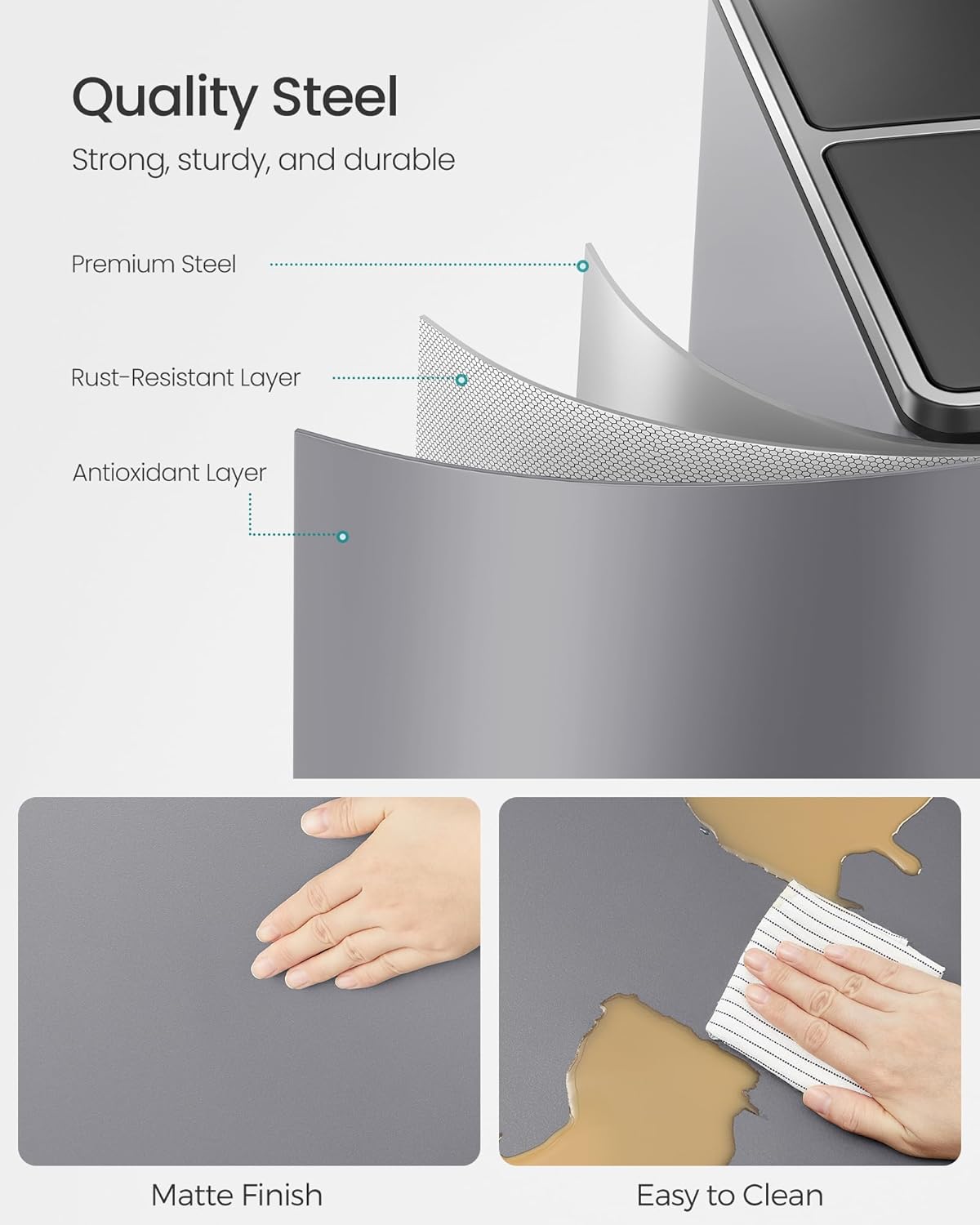 SONGMICS Cos de gunoi dublu colectare selectiva, 2x30L, cu pedale si capac soft close, galeata interioara, otel, 62x59x36 cm, gri - imagine 3