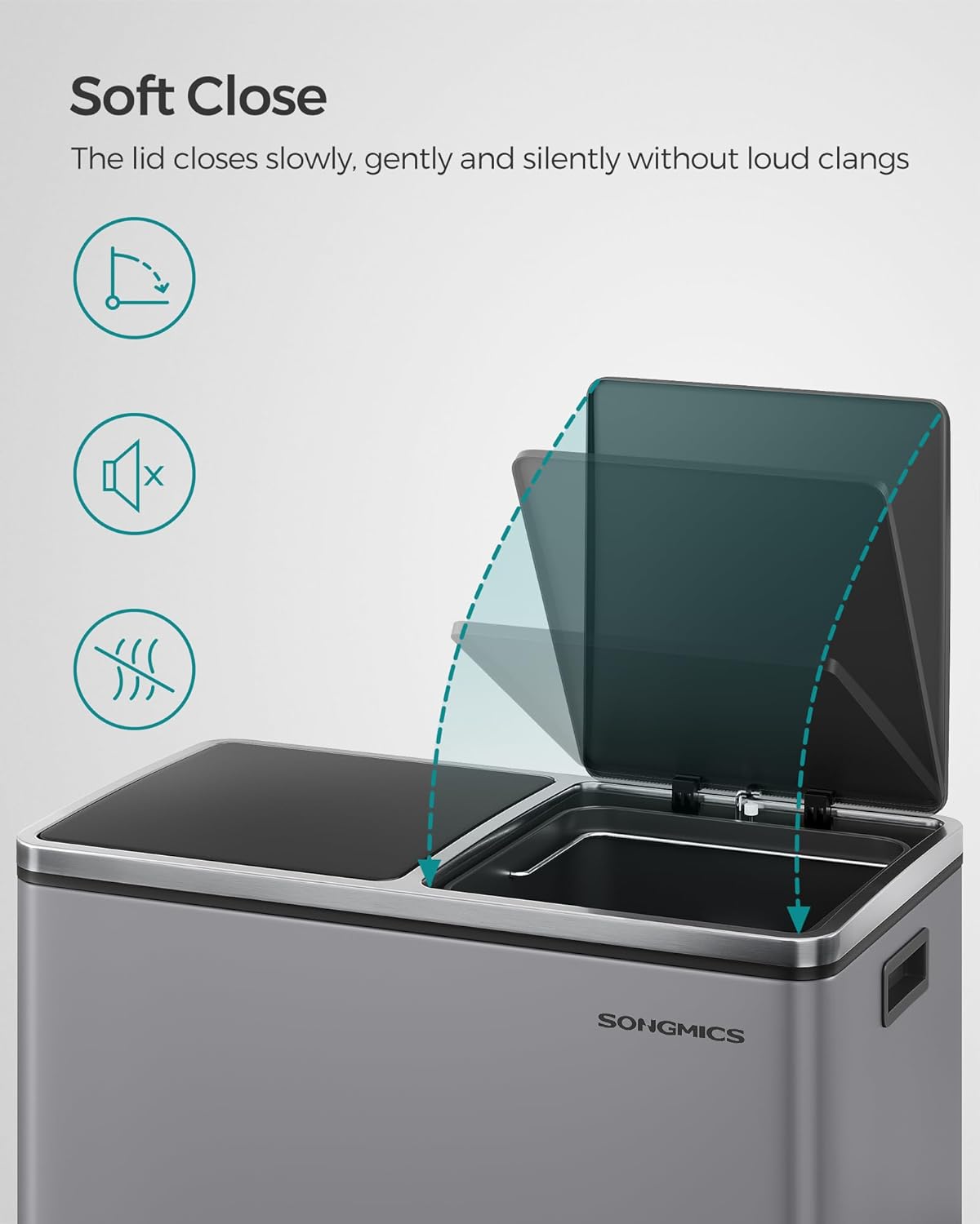 SONGMICS Cos de gunoi dublu colectare selectiva, 2x30L, cu pedale si capac soft close, galeata interioara, otel, 62x59x36 cm, gri - imagine 7