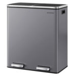 SONGMICS Cos de gunoi dublu colectare selectiva, 2x30L, cu pedale si capac soft close, galeata interioara, otel, 62x59x36 cm, gri