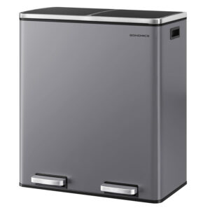 SONGMICS Cos de gunoi dublu colectare selectiva, 2x30L, cu pedale si capac soft close, galeata interioara, otel, 62x59x36 cm, gri