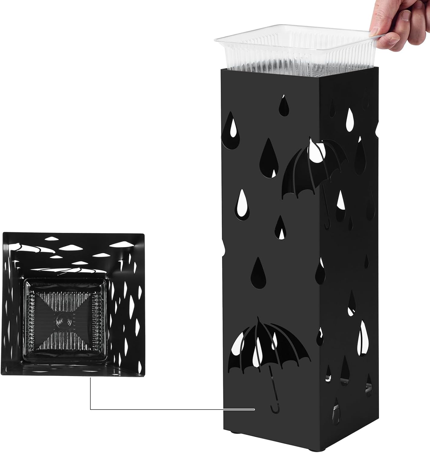 SONGMICS Suport metalic pentru umbrele, cu carlige si tava de picurare, 16x16x49cm, negru - imagine 4