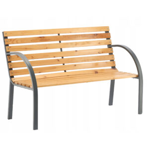 Banca de gradina din lemn, cadru din otel cu spatar, 120x60x80 cm, maro natur
