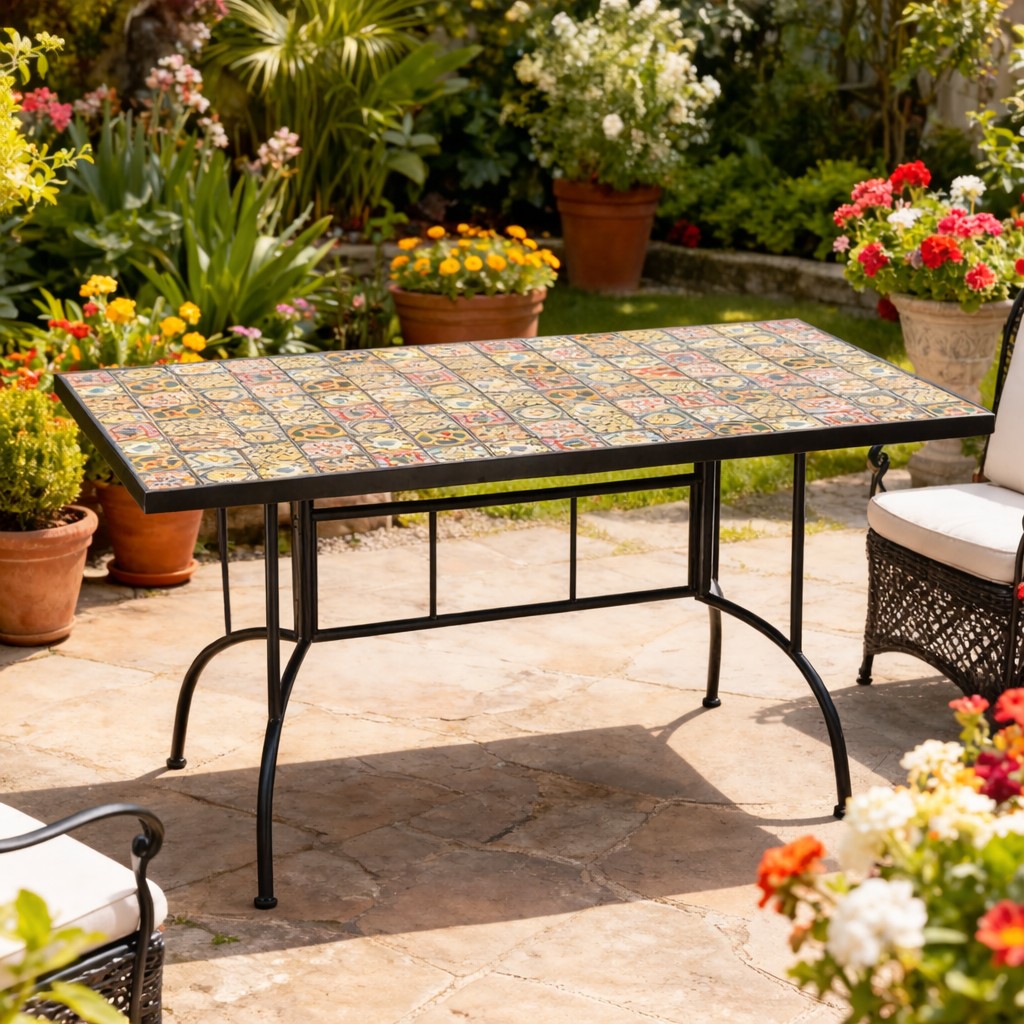 Masa de gradina dreptunghiulara cu blat mozaic si cadru metalic, 150x80x74 cm