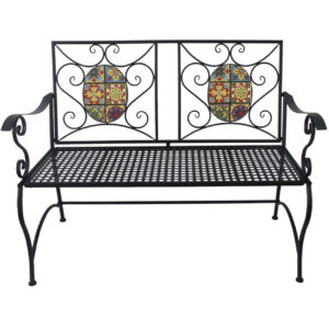 Banca de gradina, cadru metalic cu mozaic decorativ, 115x56x90 cm, negru