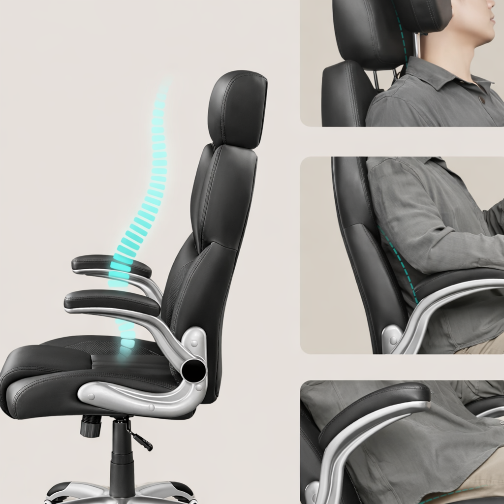 SONGMICS Scaun de birou ergonomic cu brate rabatabile, reglabil pe inaltime, suport cap ajustabil, 70x70x137 cm, negru - imagine 3