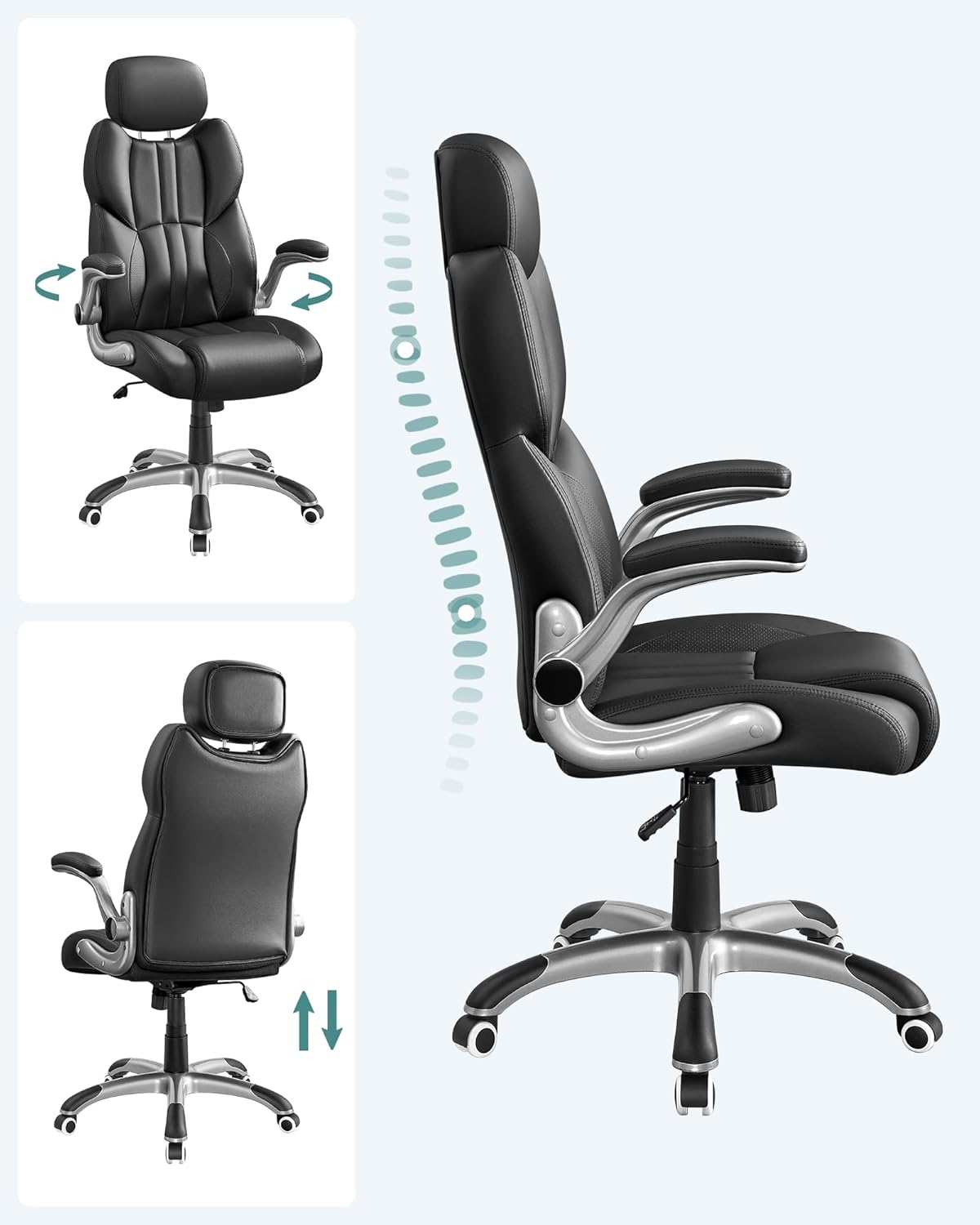 SONGMICS Scaun de birou ergonomic cu brate rabatabile, reglabil pe inaltime, suport cap ajustabil, 70x70x137 cm, negru - imagine 4