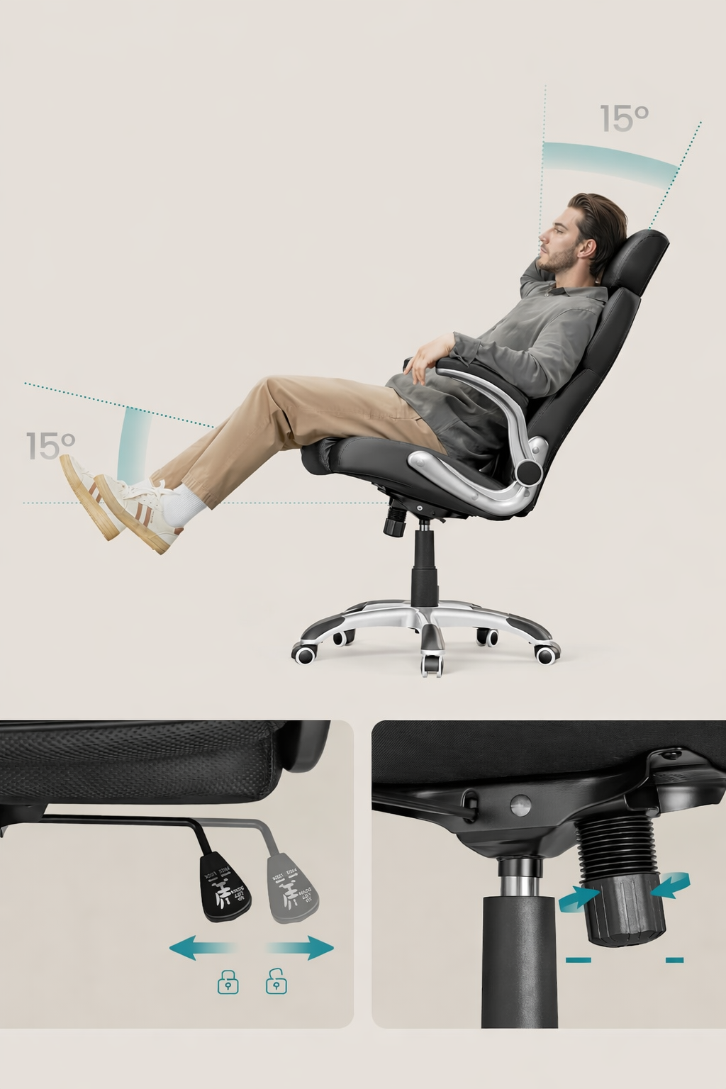 SONGMICS Scaun de birou ergonomic cu brate rabatabile, reglabil pe inaltime, suport cap ajustabil, 70x70x137 cm, negru - imagine 8