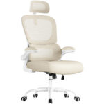 SONGMICS Scaun de birou ergonomic mesh, suport lombar dinamic, tetiera reglabila, brate rabatabile, 70x70x135 cm, bej