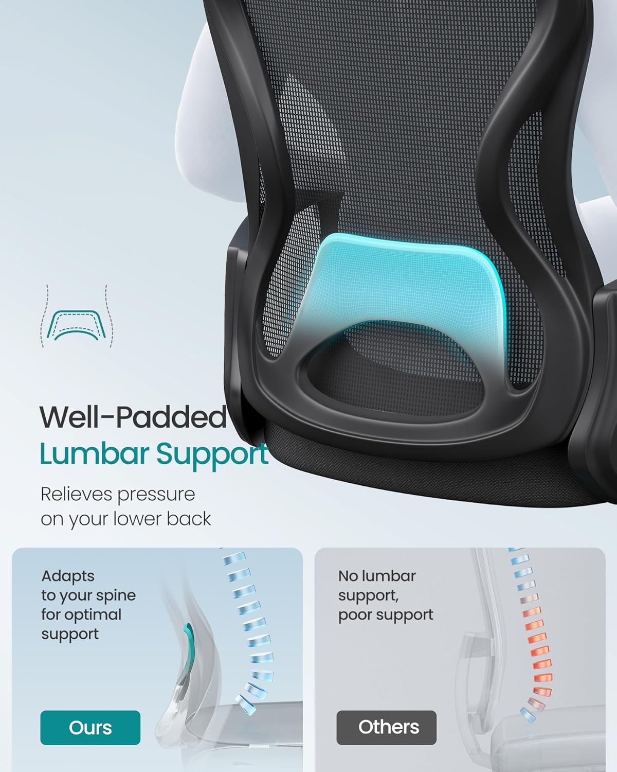 SONGMICS Scaun de birou ergonomic, spatar mesh cu suport lombar, reglabil pe inaltime, baza metalica, 60x60x106 cm, negru - imagine 5