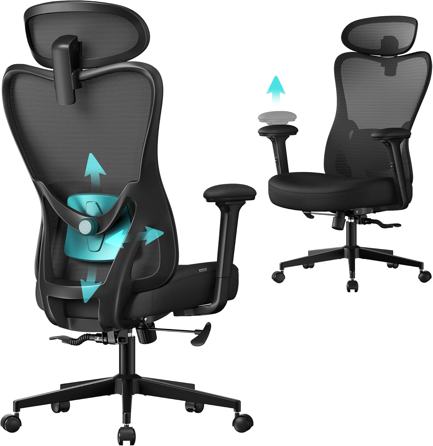 SONGMICS Scaun de birou ergonomic cu tetiera reglabila, suport lombar ajustabil, maxim 150 kg, 70x70x113-130 cm, negru - imagine 3