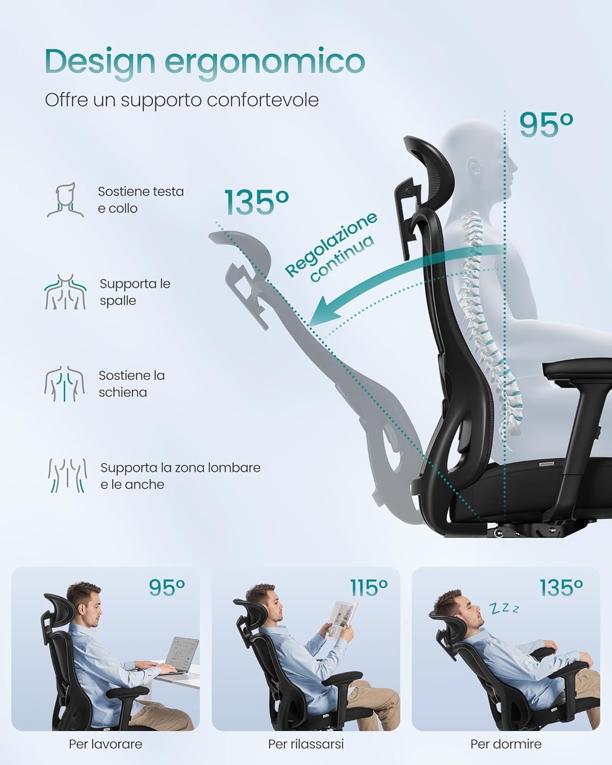 SONGMICS Scaun de birou ergonomic cu tetiera reglabila, suport lombar ajustabil, maxim 150 kg, 70x70x113-130 cm, negru - imagine 5