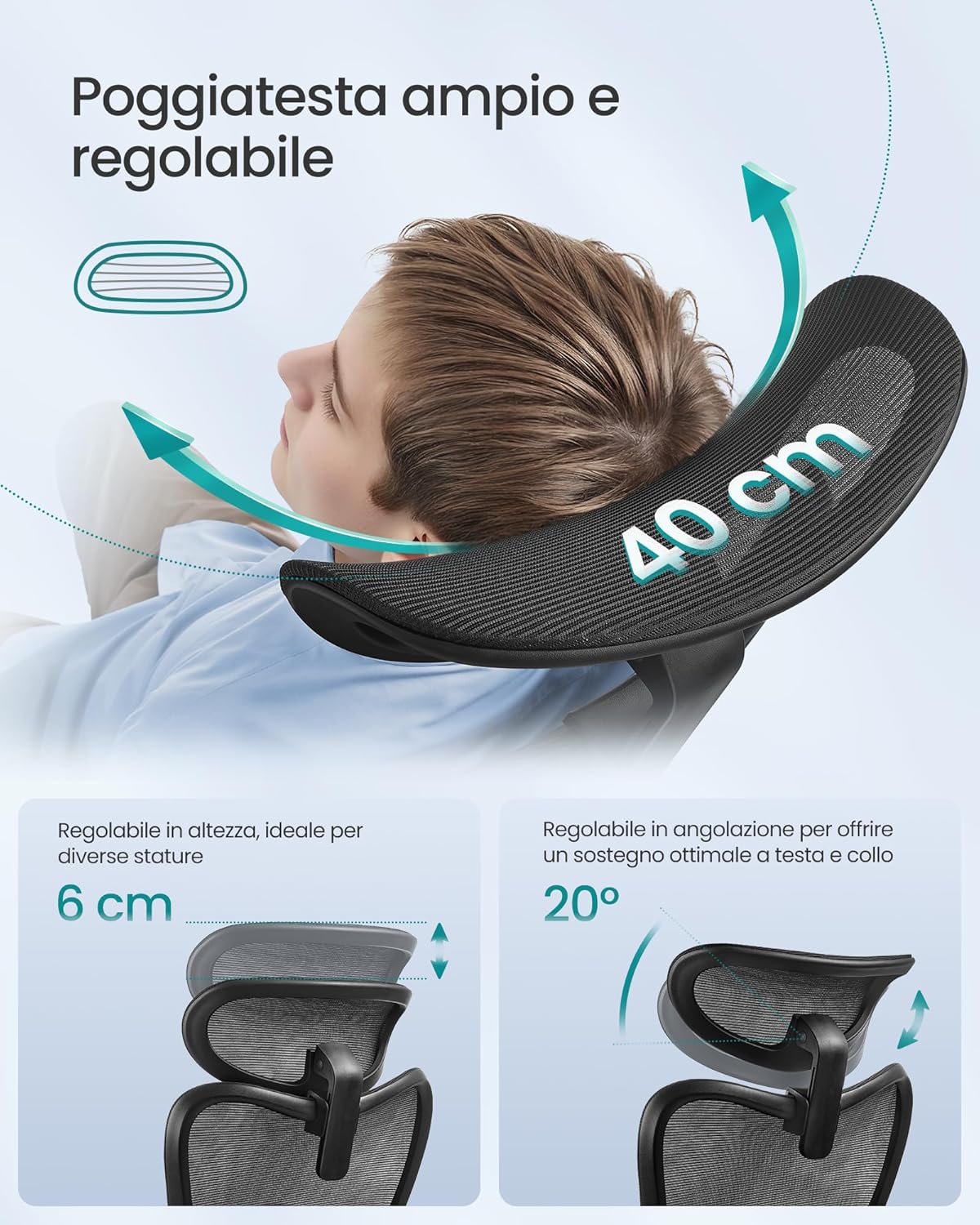SONGMICS Scaun de birou ergonomic cu tetiera reglabila, suport lombar ajustabil, maxim 150 kg, 70x70x113-130 cm, negru - imagine 6