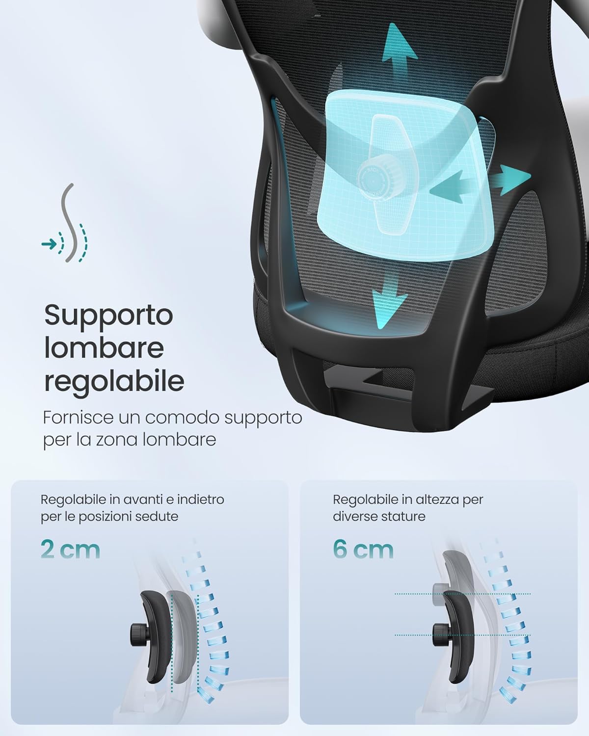 SONGMICS Scaun de birou ergonomic cu tetiera reglabila, suport lombar ajustabil, maxim 150 kg, 70x70x113-130 cm, negru - imagine 8