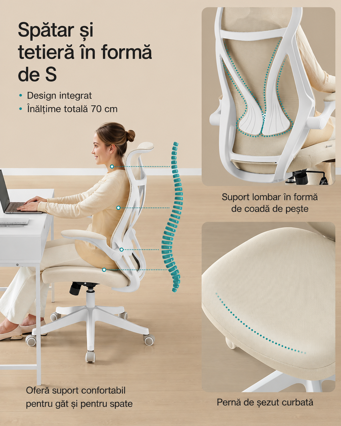 SONGMICS Scaun birou ergonomic cu tetiera, suport lombar, brate rabatabile, maxim 150 kg, 71x71x119 cm, cappuccino bej - imagine 3