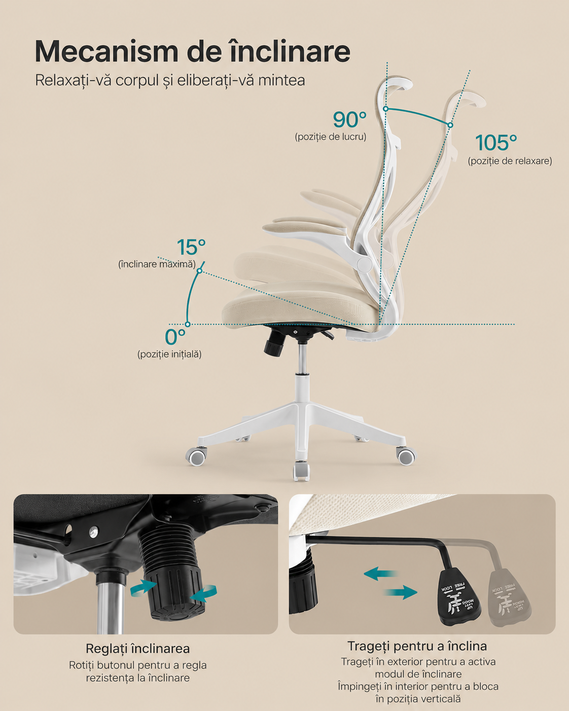 SONGMICS Scaun birou ergonomic cu tetiera, suport lombar, brate rabatabile, maxim 150 kg, 71x71x119 cm, cappuccino bej - imagine 4