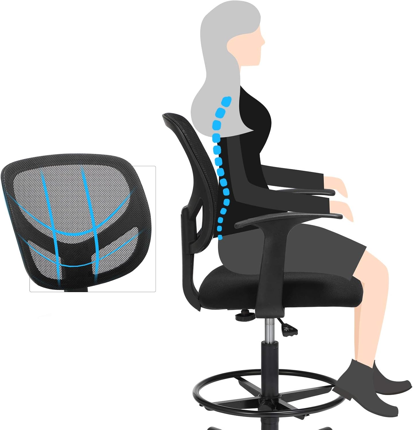 SONGMICS Scaun de birou inalt, rotativ, suport picioare reglabil, ajustare pe inaltime 55-75 cm, 64x64x97 cm, negru - imagine 2