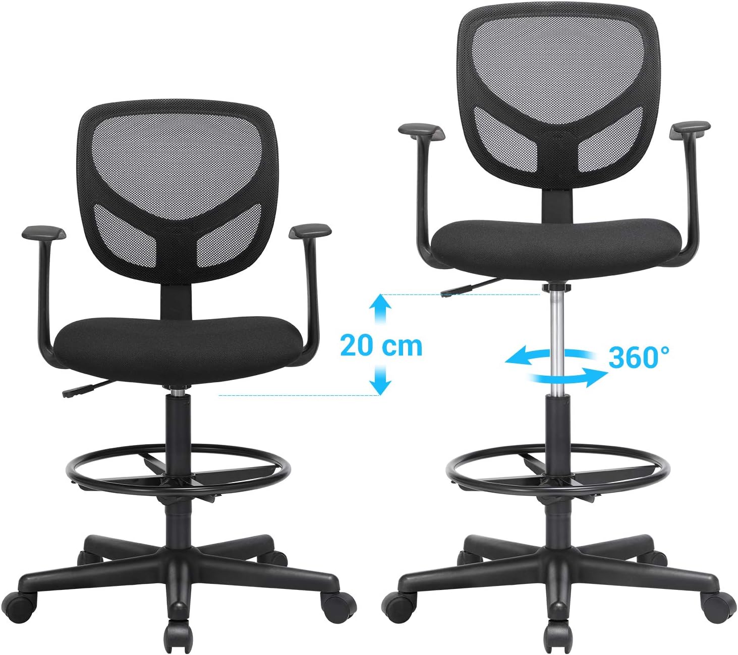 SONGMICS Scaun de birou inalt, rotativ, suport picioare reglabil, ajustare pe inaltime 55-75 cm, 64x64x97 cm, negru - imagine 3
