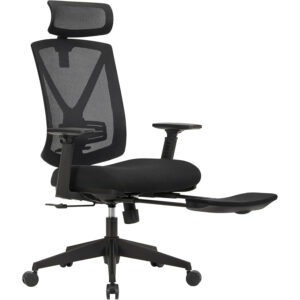 SONGMICS Scaun birou ergonomic cu suport picioare extensibil, sezut gros cu spuma, spatar mesh si tetiera reglabila, 69x70x133 cm, negru