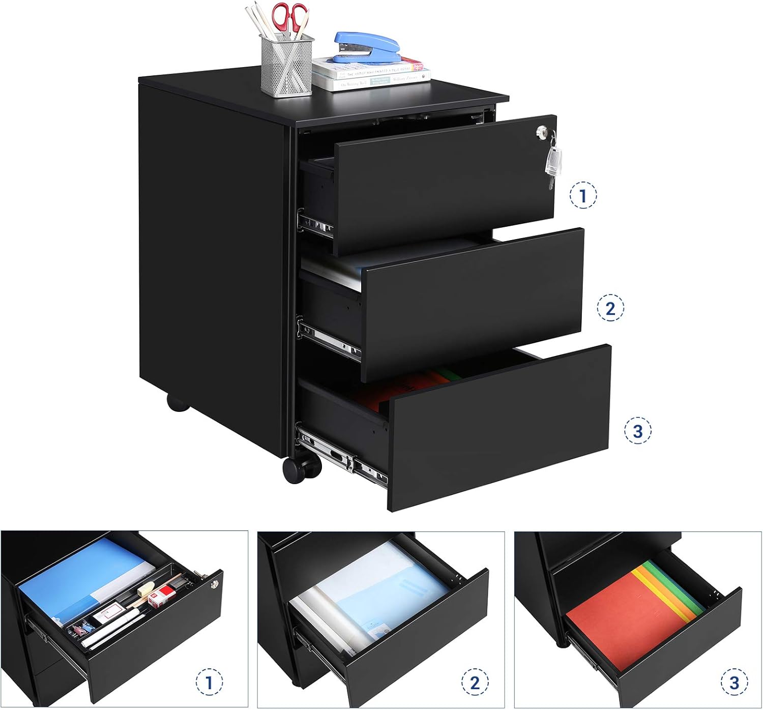 SONGMICS Dulap mobil rollbox pentru birouri, 3 sertare pentru documente, corp pre-asamblat, 45x39x54 cm, negru - imagine 5