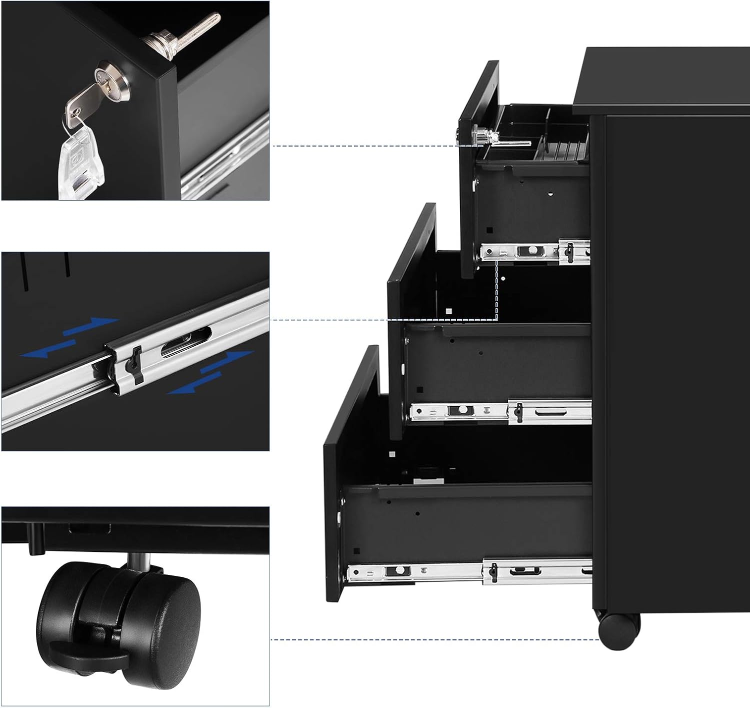 SONGMICS Dulap mobil rollbox pentru birouri, 3 sertare pentru documente, corp pre-asamblat, 45x39x54 cm, negru - imagine 6