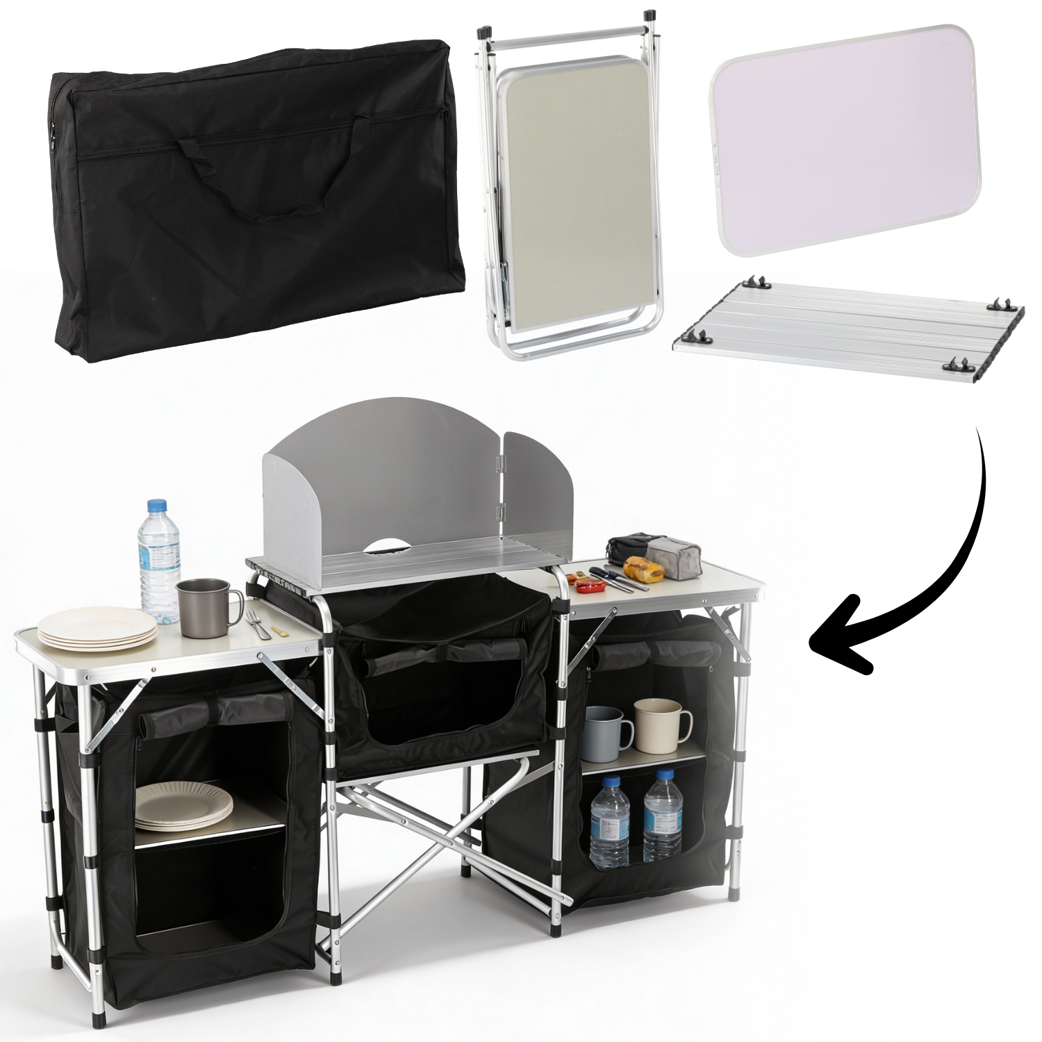 Bucatarie de camping pliabila cu 3 blaturi, cadru aluminiu, portabila pentru exterior, 175x40x111 cm - imagine 2