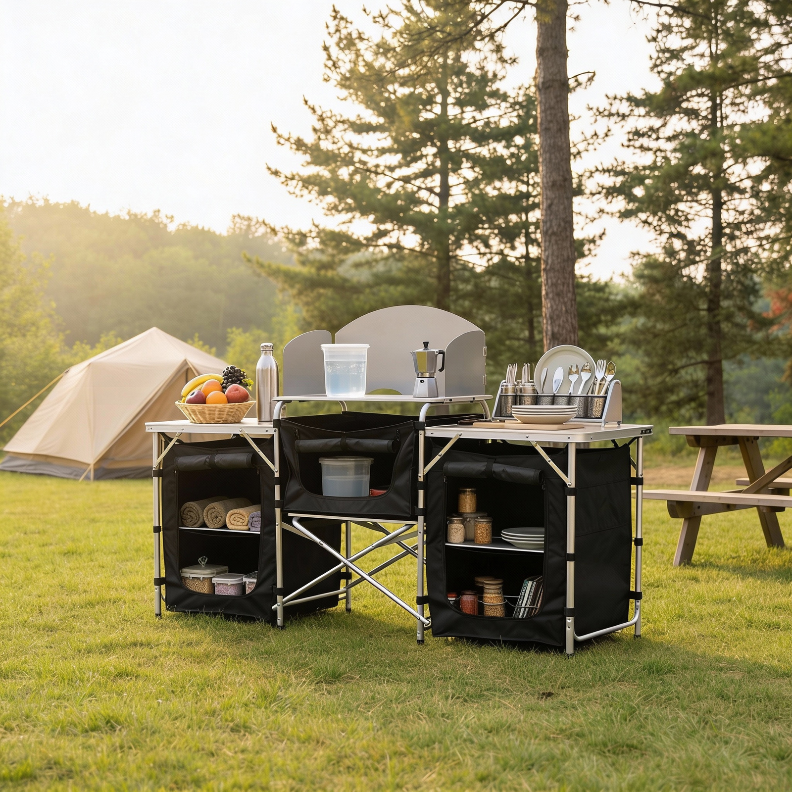 Bucatarie de camping pliabila cu 3 blaturi, cadru aluminiu, portabila pentru exterior, 175x40x111 cm - imagine 4