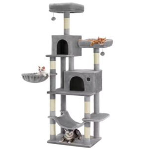 FEANDREA Ansamblu pentru pisici, plus si sisal, cu platforme, cusca, hamac si stalpi de zgariat, 50x60x199 cm, gri