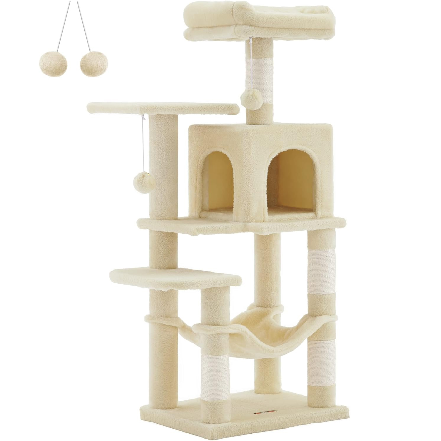 FEANDREA Ansamblu de joaca pentru pisici cu 2 platforme, 1 culcus, hamac si 4 stalpi sisal, 45x35x112 cm, bej