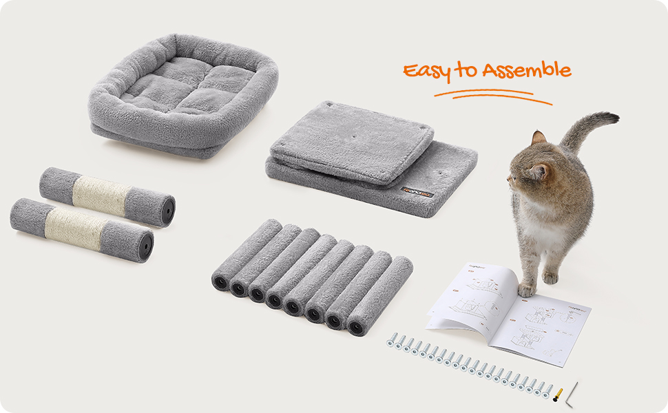 FEANDREA Ansamblu de joaca pentru pisici cu 2 casute, platforma si stalpi sisal, 49x32x74 cm, gri deschis - imagine 11