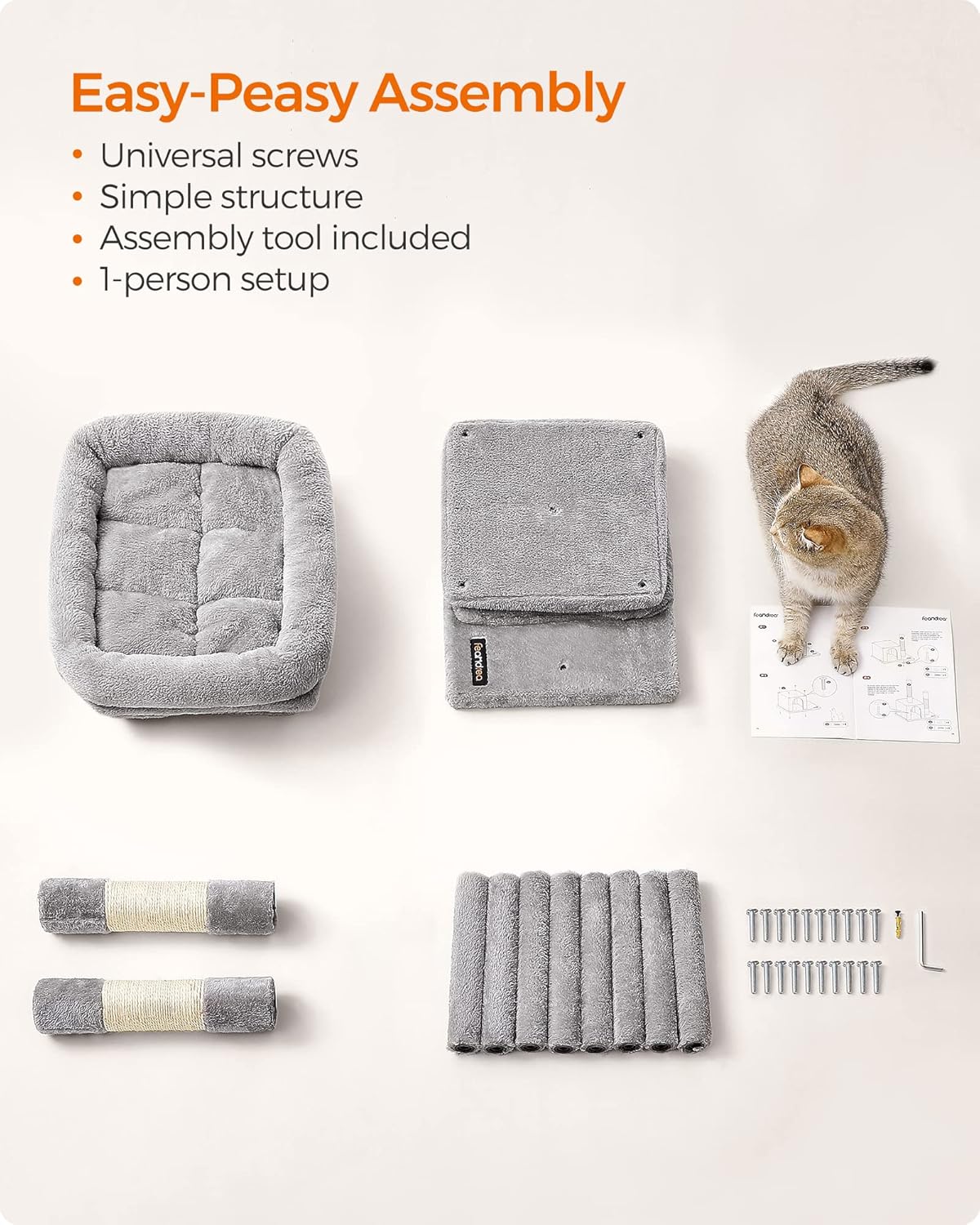 FEANDREA Ansamblu de joaca pentru pisici cu 2 casute, platforma si stalpi sisal, 49x32x74 cm, gri deschis - imagine 4